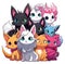 Magic fox kittens. Anime style magical cat team, cartoon pussycats group with mystical powers on white background