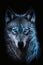 Magic frost wolf with blue eyes on black background. Generative AI