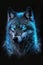 Magic frost wolf with blue eyes on black background. Generative AI