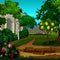 Magic garden with citrus tree, flowers and statuett