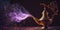 Magic genie lamp with purple background. Abstract enchanted Arabian nights wallpaper.