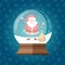 Magic glass snow globe with cute and happy Santa Claus with bag inside.