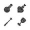 Magic glyph icons set. Magical death and love potions, witch wand, ceremonial chalice. Witchcraft, occult ritual items