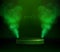Magic green showcase background with 3d podium and green fog or steam. Glowing shiny trail.