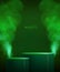 Magic green showcase background with 3d podium and green fog or steam. Glowing shiny trail.
