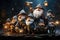 Magic group: cartoon gnomes with a torch bring light and joy