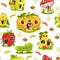 Magic houses seamless pattern. Fairy tale kids print. Fantastic cute homes. Vegetable dwarf cottages. Fruit and mushroom