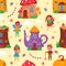 Magic houses seamless pattern. Little funny homes, fabulous creatures with flowers and garlands, cute fairies and elves