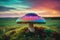 Magic Iridescent Colorful Mushrooms in the middle of landscape - Ai generated illustration