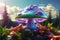 Magic Iridescent Mushroom in the middle of landscape - Ai illustration