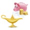 Magic lamp with golden coins and piggy bank isolated