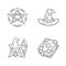 Magic linear icons set. Pentagram, wizard hat, witch, spell book. Witchcraft, occult ritual items. Mystery objects. Thin