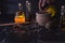 Magic luminous alchemy potions on dark background