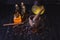 Magic luminous alchemy potions on dark background