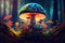 magic mushroom growing in the forest, surrounded by colorful flora