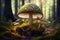 magic mushroom growing in the forest, with trees and mossy rocks in the background