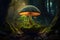 magic mushroom growing in the forest, with trees and mossy rocks in the background