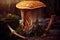 magic mushroom growing out of decaying tree stump