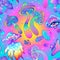 Magic mushrooms. Psychedelic hallucination. Vibrant vector illustration. 60s hippie colorful background, hippie and boho
