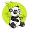 Magic Nature. Cartoon Panda Eats Bamboo Branch Vector Illustration.