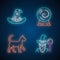 Magic neon light icons set. Wizard hat, fortune telling crystal ball, witch cat, magician. Witchcraft, sorcery mystic