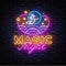 Magic Night Neon sign Vector. Magic Show neon poster, design template, modern trend design, night signboard, night