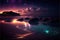 Magic night sea with sandy beach at dusk. Luminous waves wash stones and coast. Generative AI