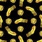 Magic pattern. gold hand prosthesis. Golden lion mask on a black background