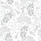 Magic pattern with unicorn and flamingo. Black and white abstract outline seamless pattern. Fashion illustration drawing in modern