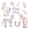 Magic Pony, Pegasus, Unicorn set. Watercolor illustration, beaut