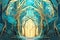 Magic portal in forest, turquoise with golden leaf finish, AI generative