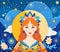 Magic portrait princess girl with leaves, flower on starry night background. Autumn Fairytale Vector hand drawn illustration in