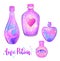 Magic potion: blue bottle jar set with pink moon, crystals, hear