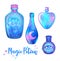 Magic potion: blue bottle jar set with pink moon, crystals, hear