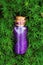 Magic Potion.Bottle with purple shiny glittering liquid in green moss .Magic and fairy tales concept.