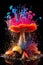 magic psychedelic mushrooms in colorful glow, explosion of colors, psilo shrooms concept background