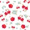 Magic seamless ornament with bright red roses and cosmos flowers and graceful embroidered bouquets of pale blue flowers on white