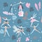 Magic seamless pattern with beautiful fairies and elves, flowers, leaves, hearts and musical notes on blue background. Ballet
