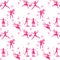 Magic seamless pattern with pink silhouettes of winged dancers, hearts, flowers and butterflies. Fairies and elves dance ballet