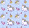 Magic seamless pattern with rainbow unicorns, kittens, crystals, strawberries and potions.