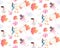 Magic seamless pattern witn winged unicorns, autumn leaves, elves, fairies, gentle pink flowers, clouds and birds