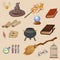 Magic set. Things magician: wizard, hat, magic book, roll, potion, broom