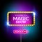 Magic show design sign. Festive billboard magical show. Circus banner decoration with lights