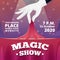 Magic show invitation. Poster of circus show with vector picture of magician male in black costume and white gloves