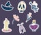 Magic stickers for Halloween. Set of stickers, patches in cartoon style. Witch hat, skull, flowers, potion, moth, candle, bunch