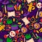 Magic stuff seamless pattern, banner. Witchcraft flat equipment, skull, potion, hat, doll, trick, device vector