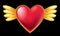 Magic symbol. Red glossy heart with golden wings feather. Flying love icon. Valentine holiday. Romance and passion