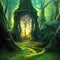 Magic teleport portal in mystic fairy tale forest. Gate to parallel fantasy surreal world