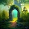 Magic teleport portal in mystic fairy tale forest. Gate to parallel fantasy surreal world