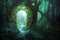 Magic teleport portal in mystic fairy tale forest. Gate to parallel fantasy surreal world